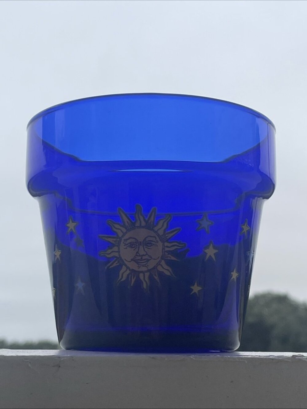 Vintage Celestial Moon & Stars Planter/ Candle Holder Stand Cobalt Blue Libbey